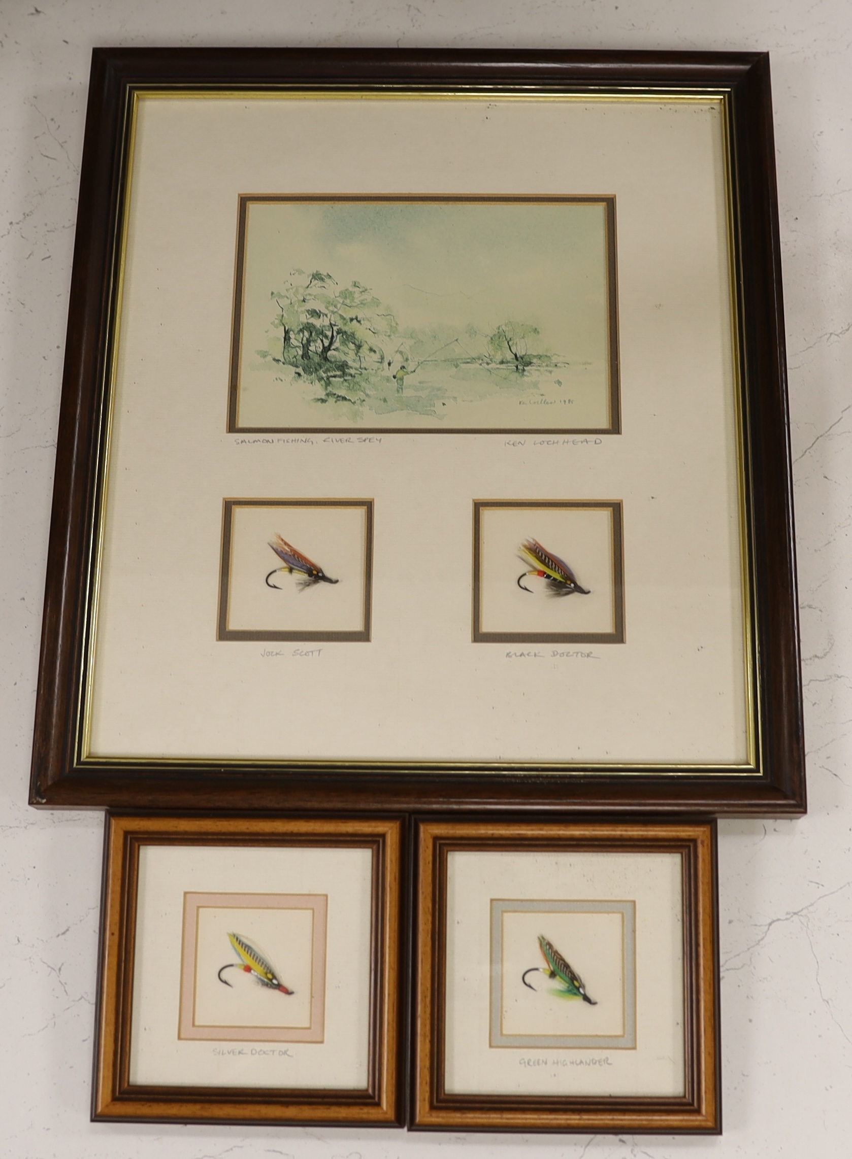 Ken Lockhead, print, Salmon Fishing, River Spey, framed with fishing flies